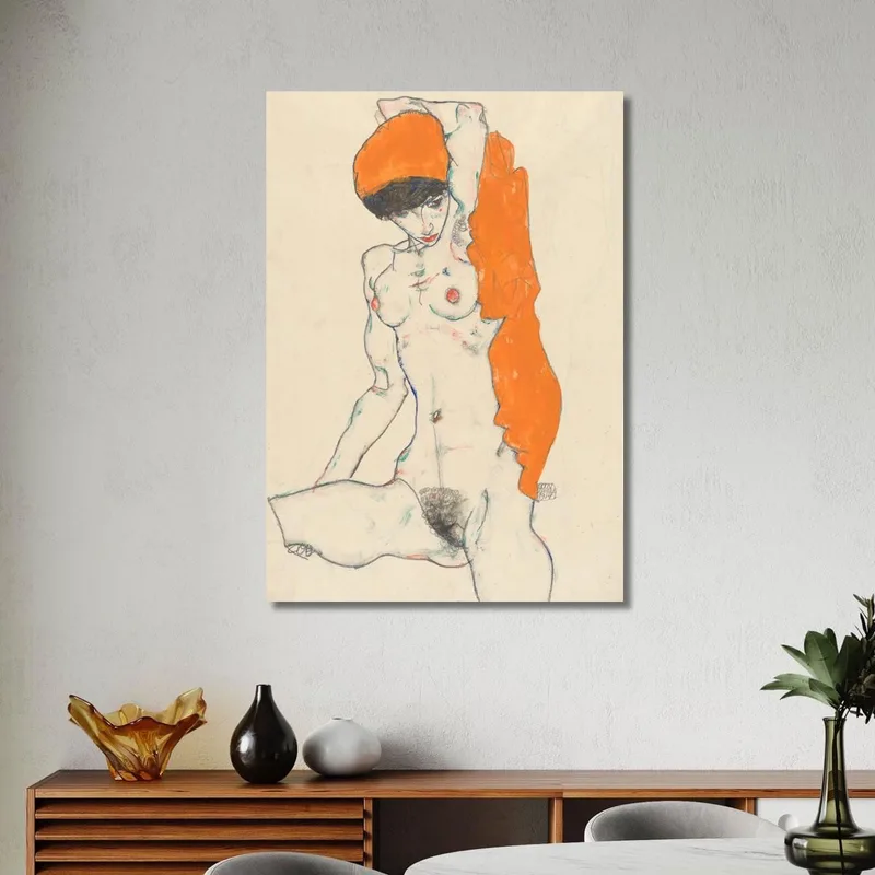 Stehender Akt Mit Orangefarbenem Tuch Egon Schiele