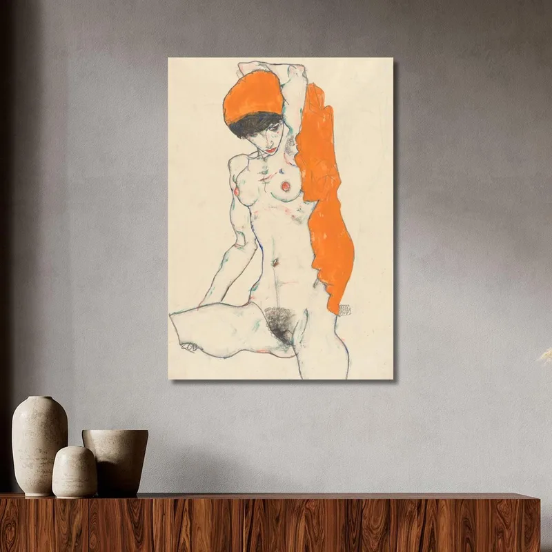 Stehender Akt Mit Orangefarbenem Tuch Egon Schiele