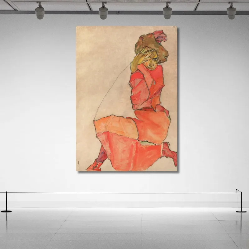 Kneeling Female In Orange-Red Dress Egon Schiele