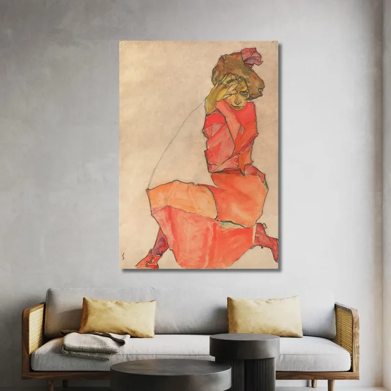 Kneeling Female In Orange-Red Dress Egon Schiele