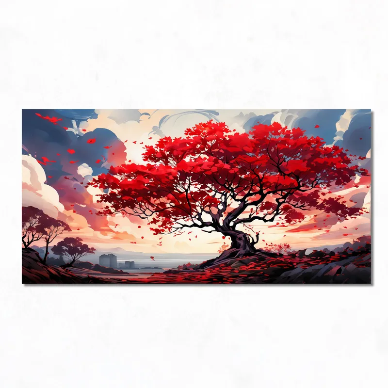 Impresion en lienzo paisaje de árbol rojo en otoño