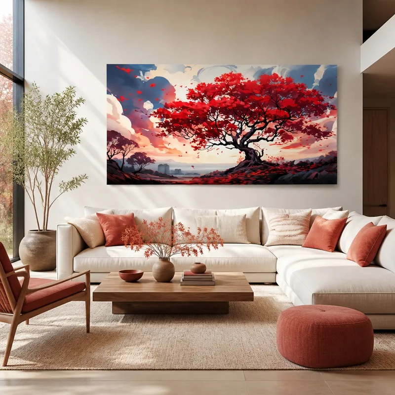 Impresion en lienzo paisaje de árbol rojo en otoño