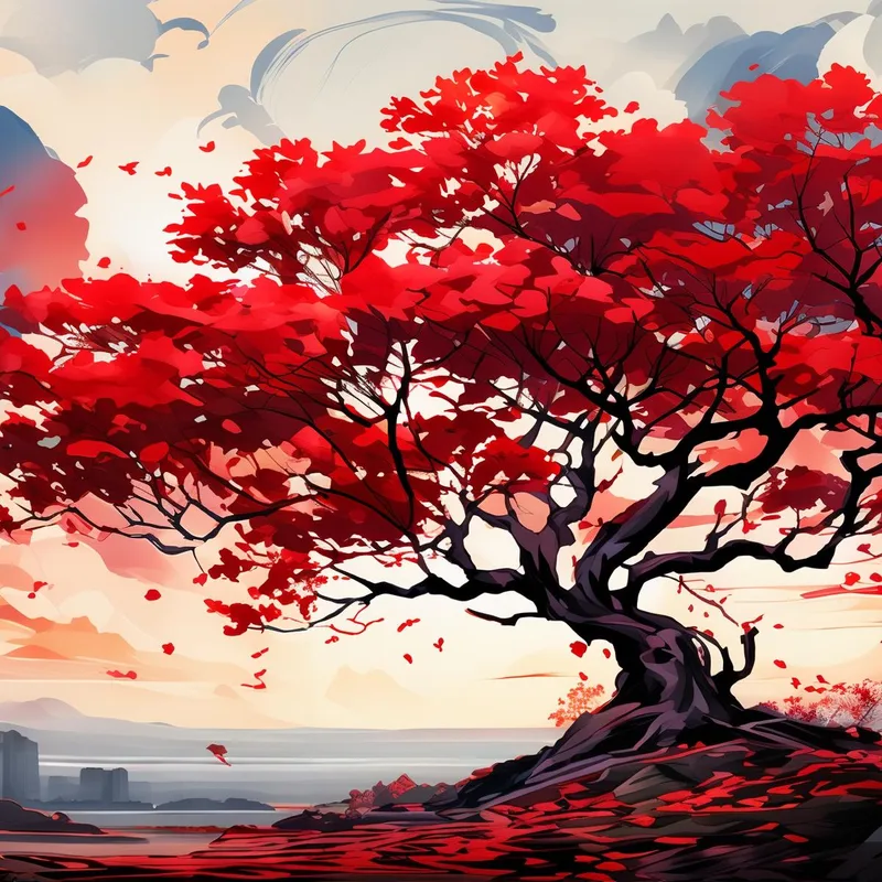 Impresion en lienzo paisaje de árbol rojo en otoño