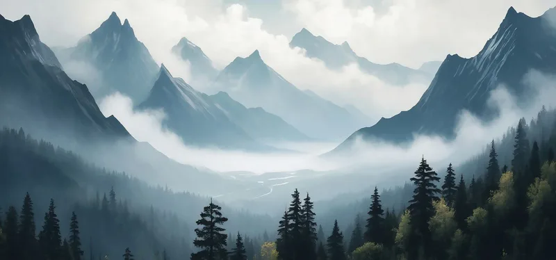 Abstract Landscape Painting Misty Mountain Landscape Serene Blue And Gray Scenery
