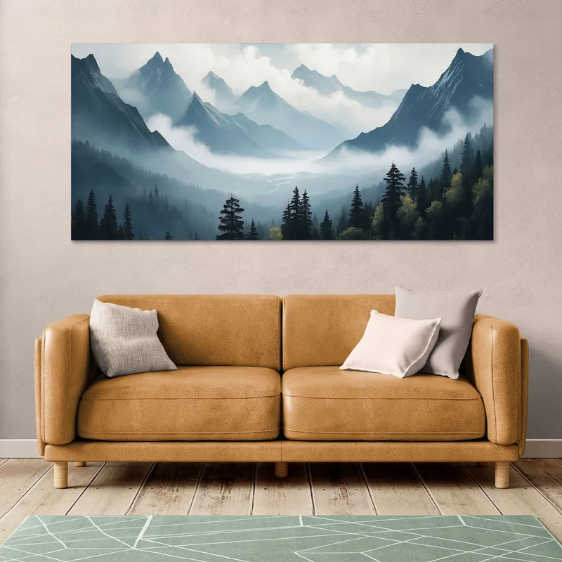 Abstract Landscape Painting Misty Mountain Landscape Serene Blue And Gray Scenery