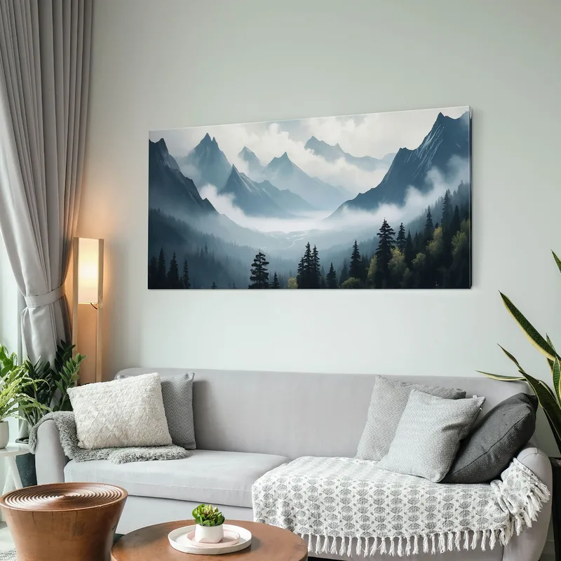 Abstract Landscape Painting Misty Mountain Landscape Serene Blue And Gray Scenery