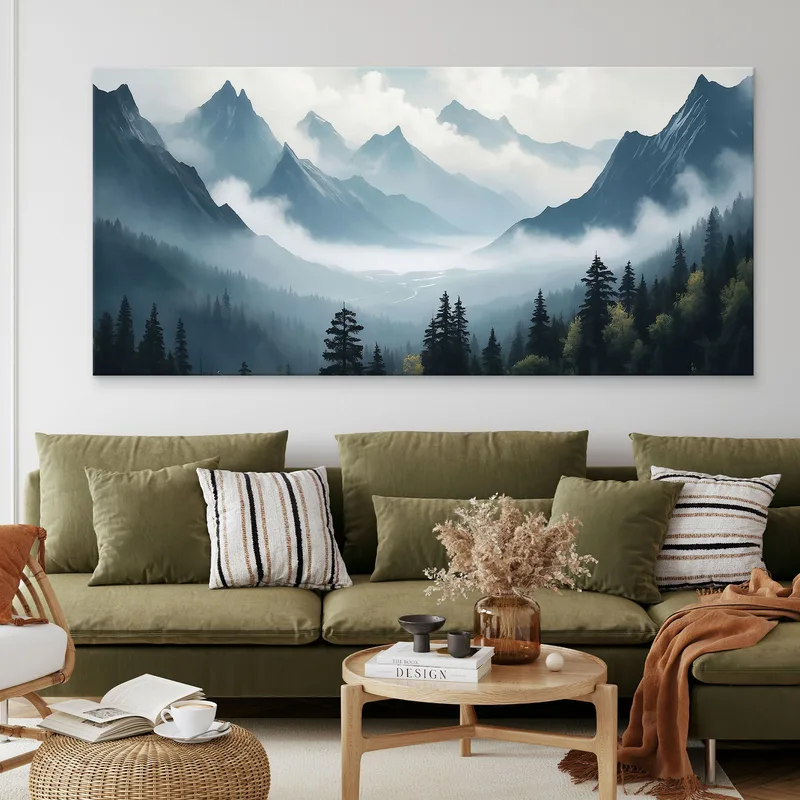 Abstract Landscape Painting Misty Mountain Landscape Serene Blue And Gray Scenery