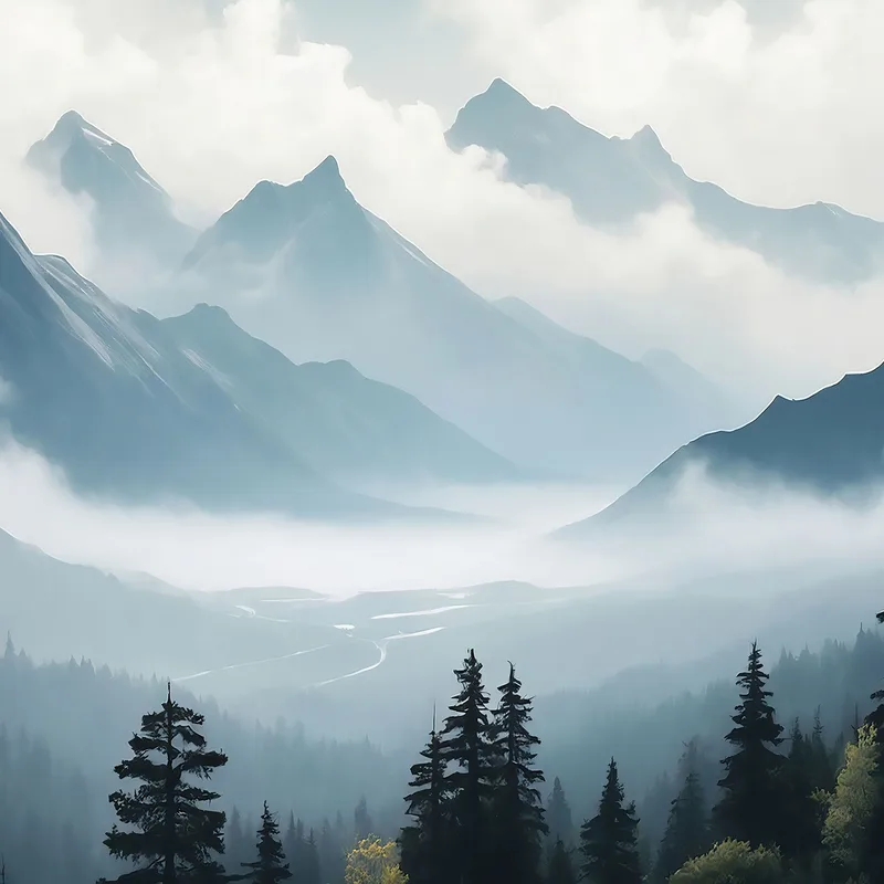 Abstract Landscape Painting Misty Mountain Landscape Serene Blue And Gray Scenery