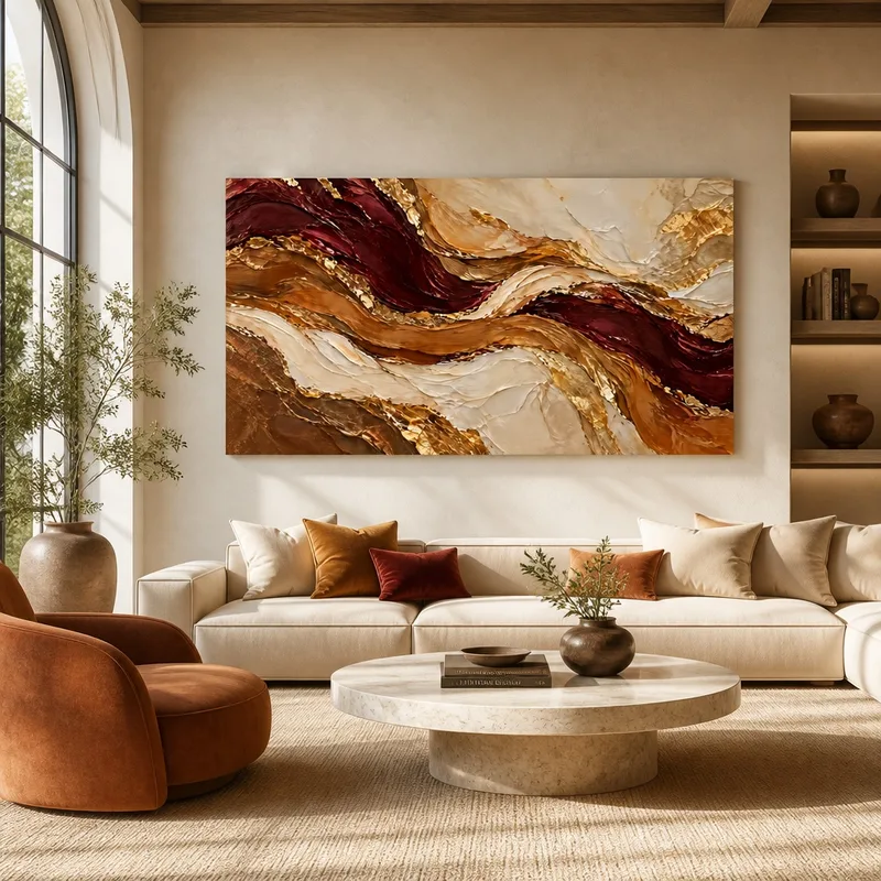 Olas abstractas en burdeos y dorado cuadro moderno