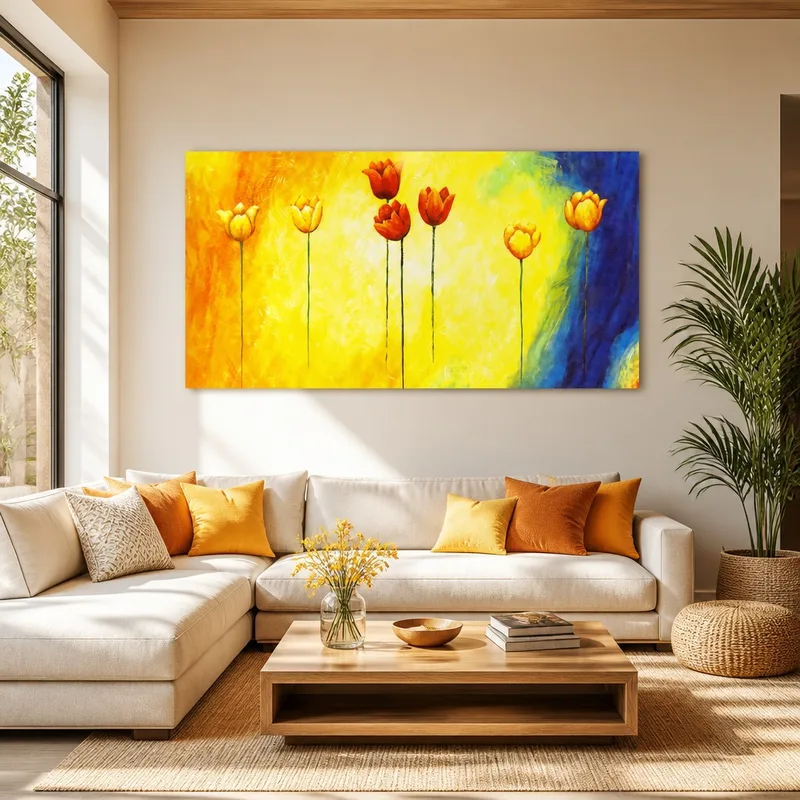 Lebhafte Tulpen im Farbspektrum drucken auf leinwand