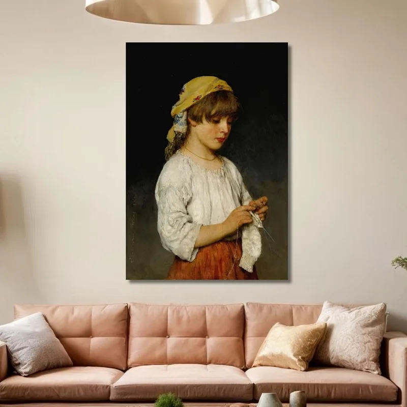 Strickendes Mädchen Mit Kopftuch Eugen von Blaas
