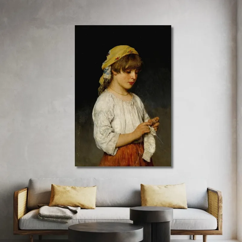Strickendes Mädchen Mit Kopftuch Eugen von Blaas