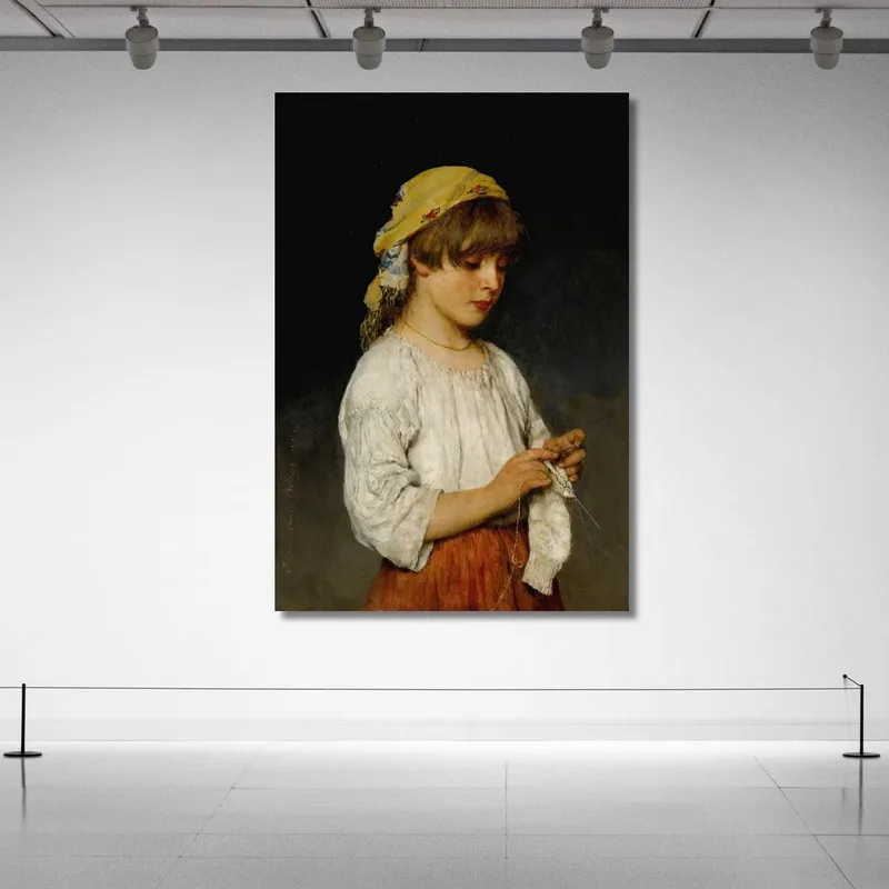 Strickendes Mädchen Mit Kopftuch Eugen von Blaas