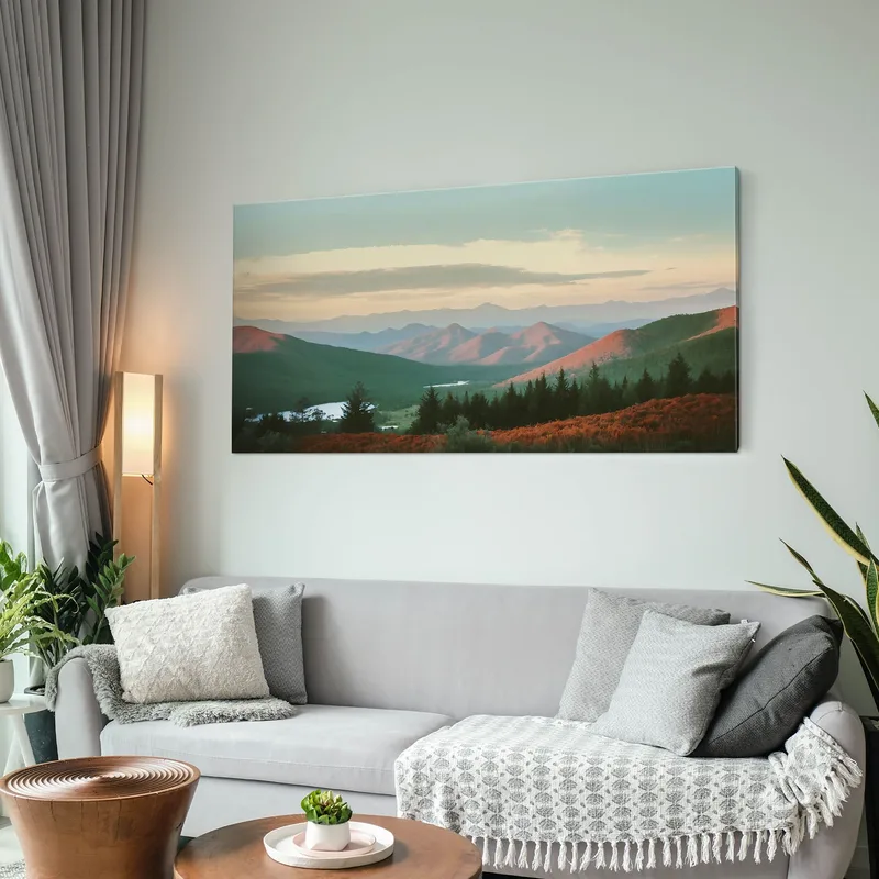 Quadro Paesaggio Astratto Paesaggio Montuoso Con Colline Rosse E Verdi Al Tramonto