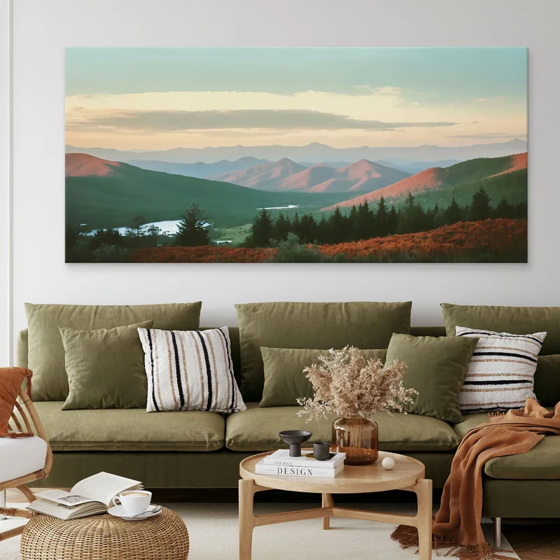 Quadro Paesaggio Astratto Paesaggio Montuoso Con Colline Rosse E Verdi Al Tramonto