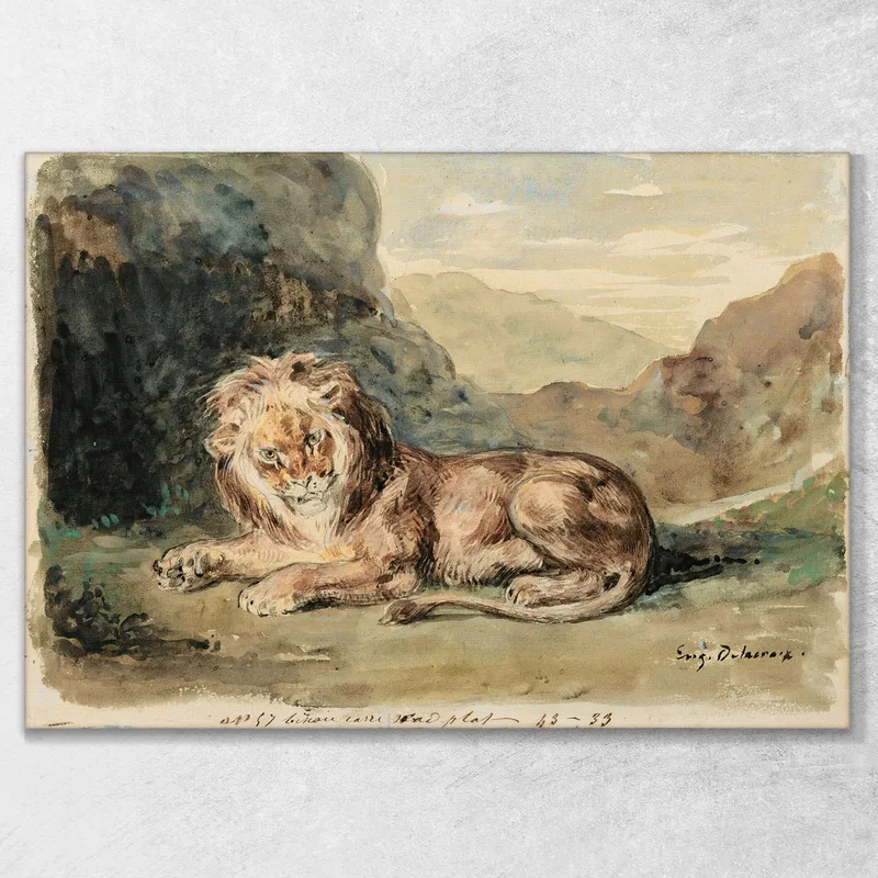 León Acostado En Un Paisaje Eugène Delacroix