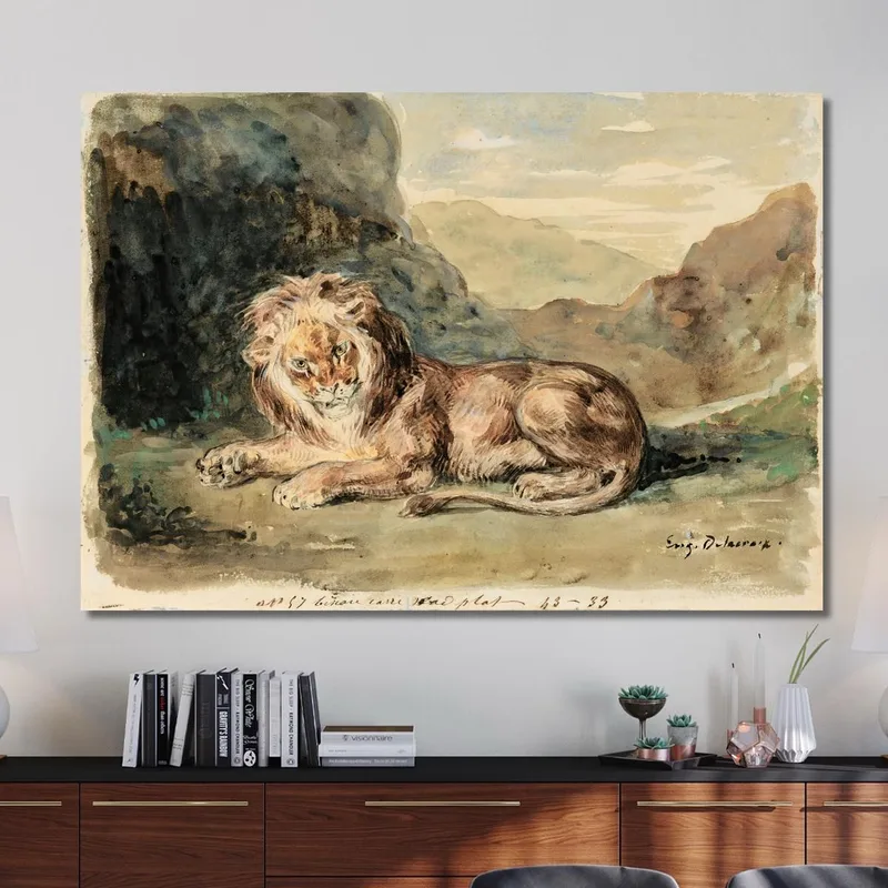 León Acostado En Un Paisaje Eugène Delacroix