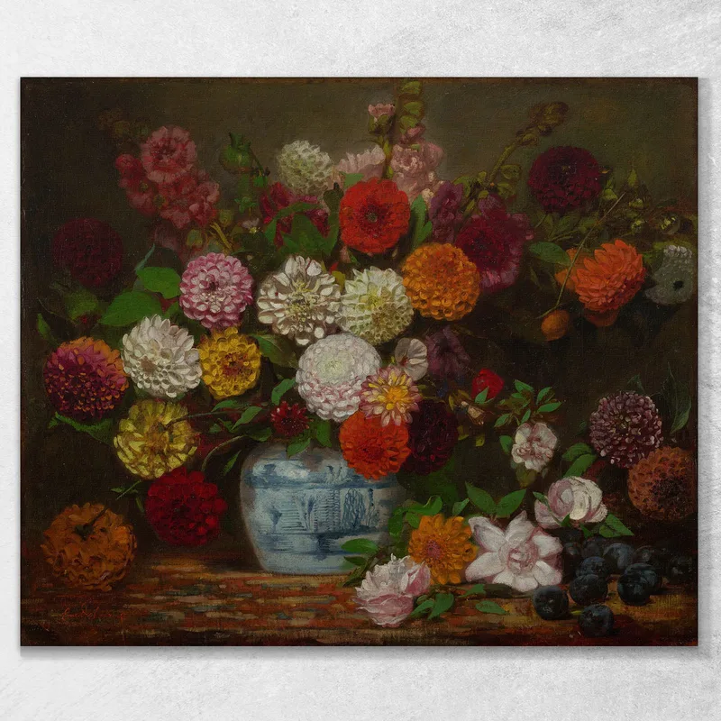 Naturaleza Muerta Con Dalias Zinnias Malvarrosas Y Ciruelas Eugène Delacroix