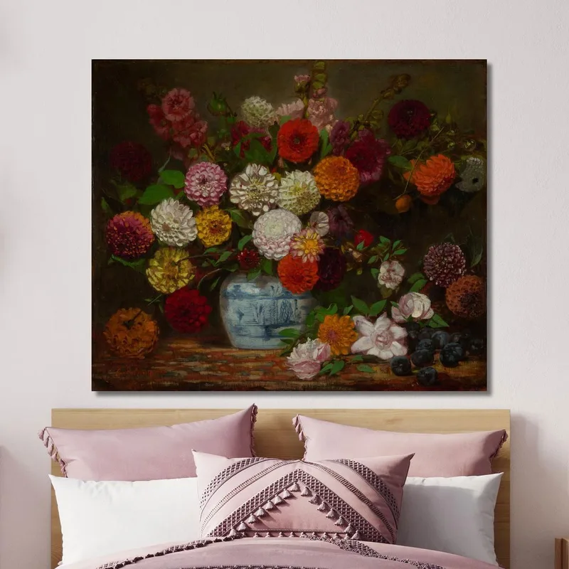 Naturaleza Muerta Con Dalias Zinnias Malvarrosas Y Ciruelas Eugène Delacroix