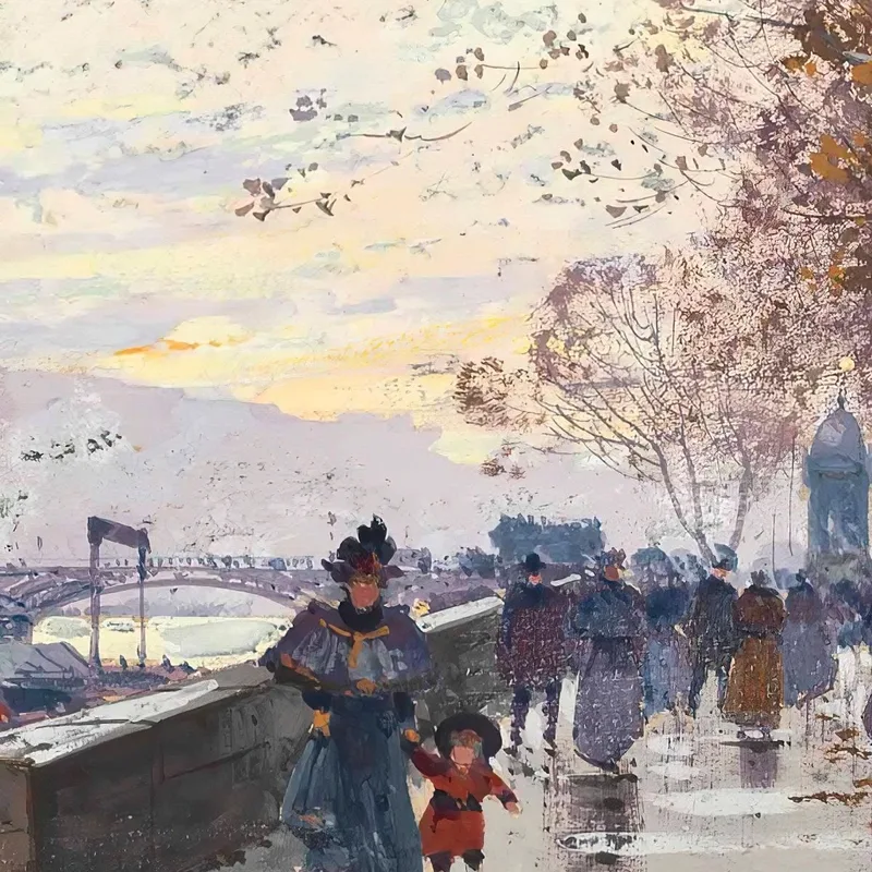 Figures At The Quai De Louvre Paris Eugène Galien-Laloue