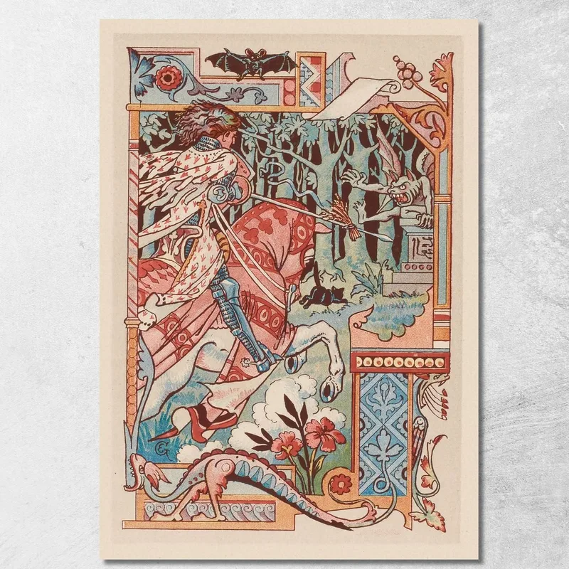 Cavaliere A Cavallo Che Punta La Lancia Contro Un Diavoletto Eugène Grasset quadro stampa su tela