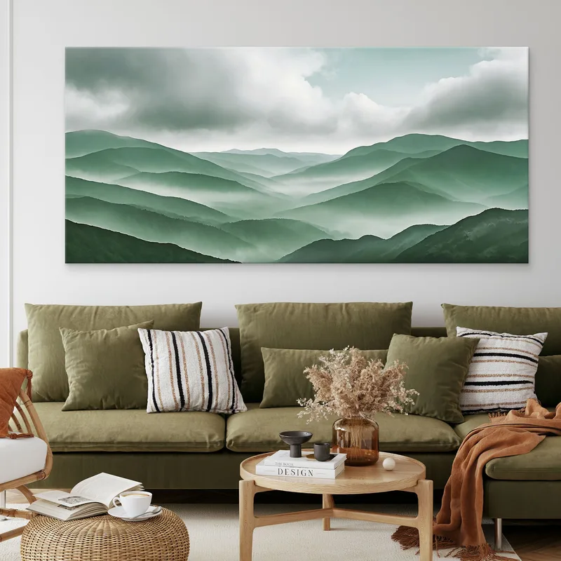 Peinture De Paysage Abstraite Paysage Montagneux Avec Brouillard Collines Verdoyantes Et Ciel Nuageux