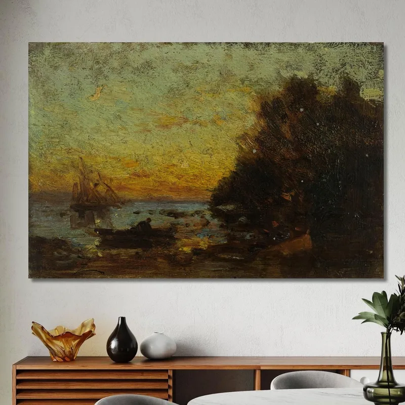 Barque Et Voiliers Coucher De Soleil. Au Revers Marine Félix Ziem