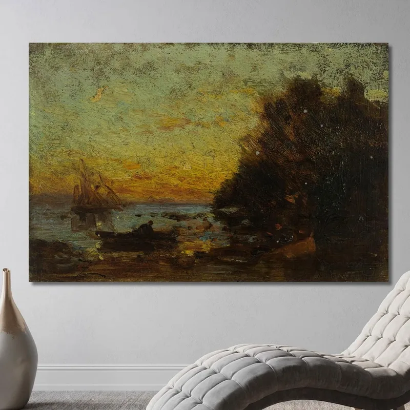 Barque Et Voiliers Coucher De Soleil. Au Revers Marine Félix Ziem
