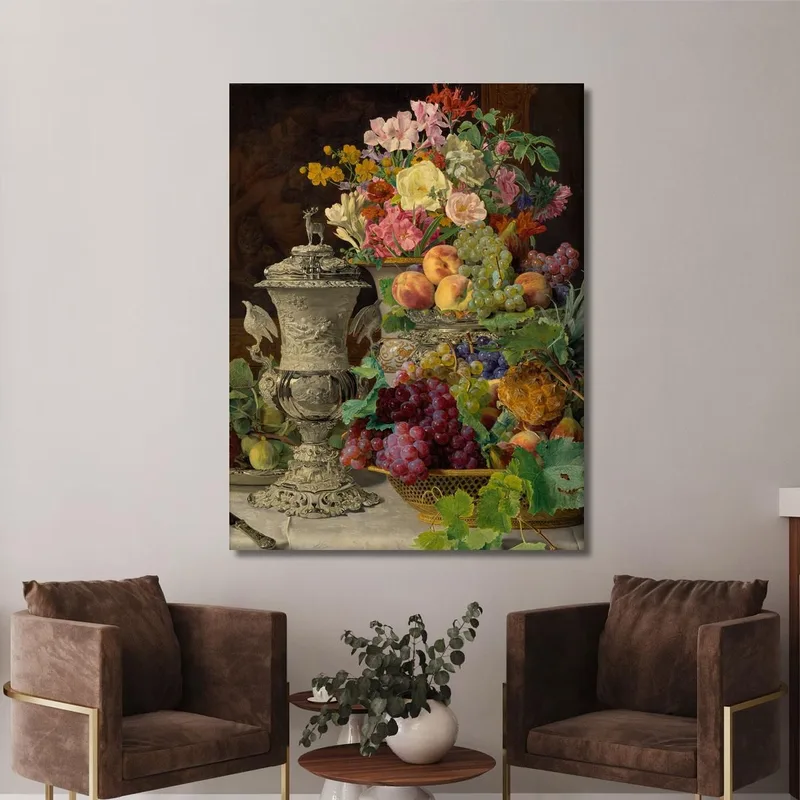 Stillleben Mit Früchten Blumen Und Silbernem Becher Ferdinand Georg Waldmüller