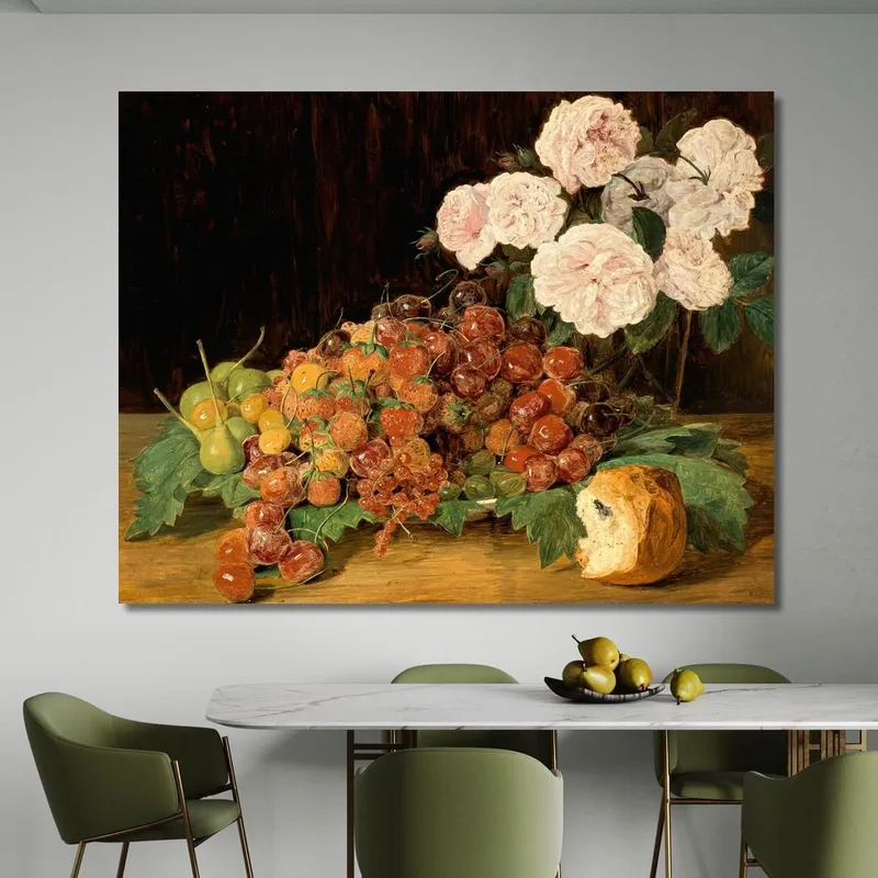 Nature Morte Avec Roses Fraises Et Pain Ferdinand Georg Waldmüller