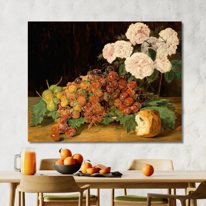 Nature Morte Avec Roses Fraises Et Pain Ferdinand Georg Waldmüller