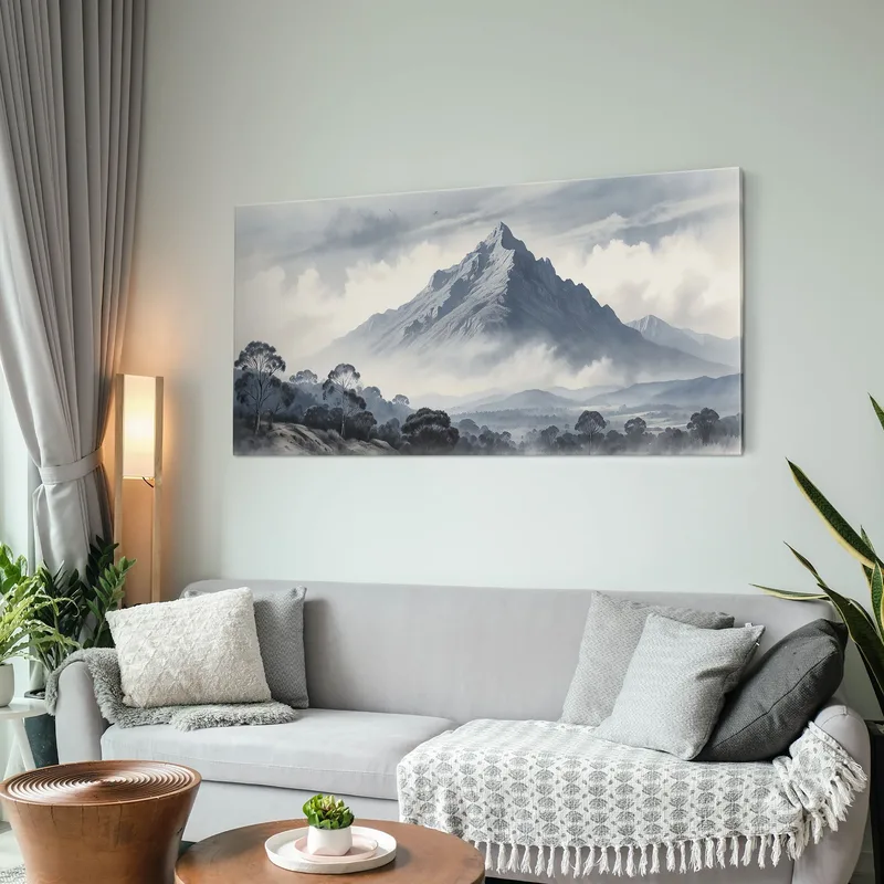 Quadro Paesaggio Astratto Paesaggio Montuoso Con Vetta Innevata E Alberi