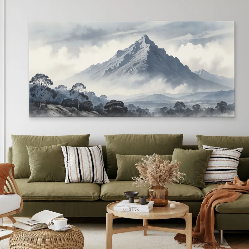 Quadro Paesaggio Astratto Paesaggio Montuoso Con Vetta Innevata E Alberi