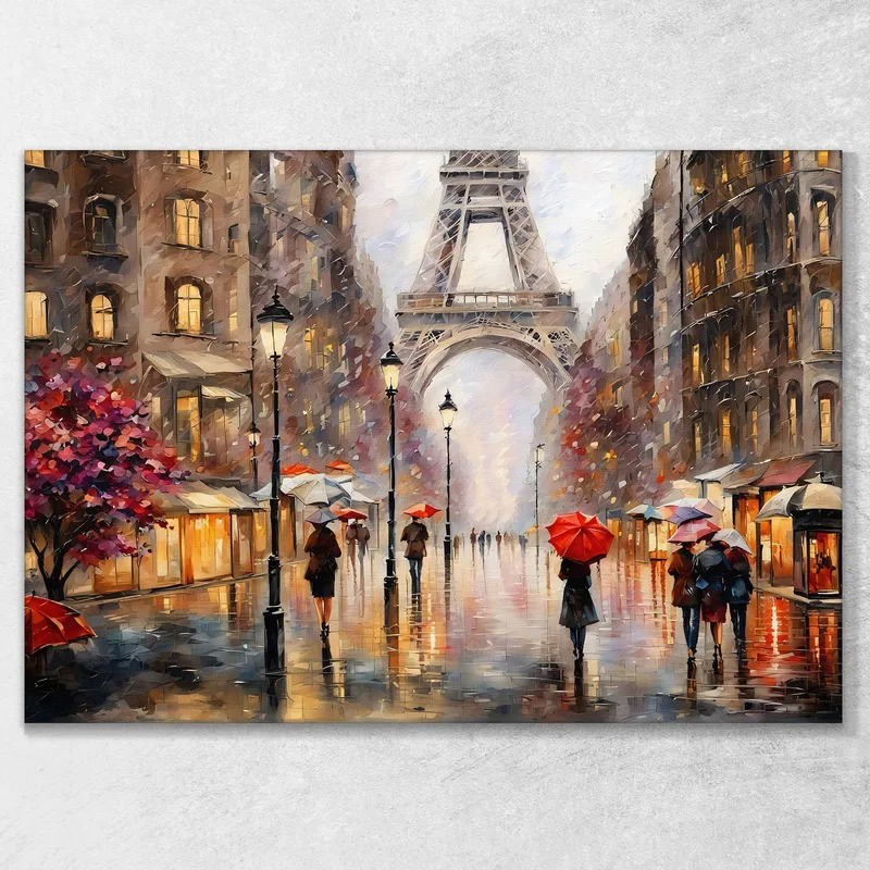 Peinture Moderne Ville Abstraite Ambiance Pluvieuse À Paris Avec La Tour Eiffel Et Les Parapluies Colorés