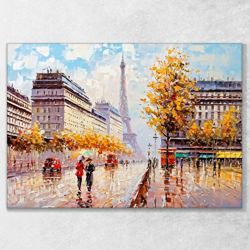 Quadro Moderno Città Astratto Autunno A Parigi Con Vista Sulla Torre Eiffel E Ombrelli Colorati