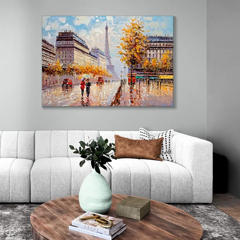 Quadro Moderno Città Astratto Autunno A Parigi Con Vista Sulla Torre Eiffel E Ombrelli Colorati