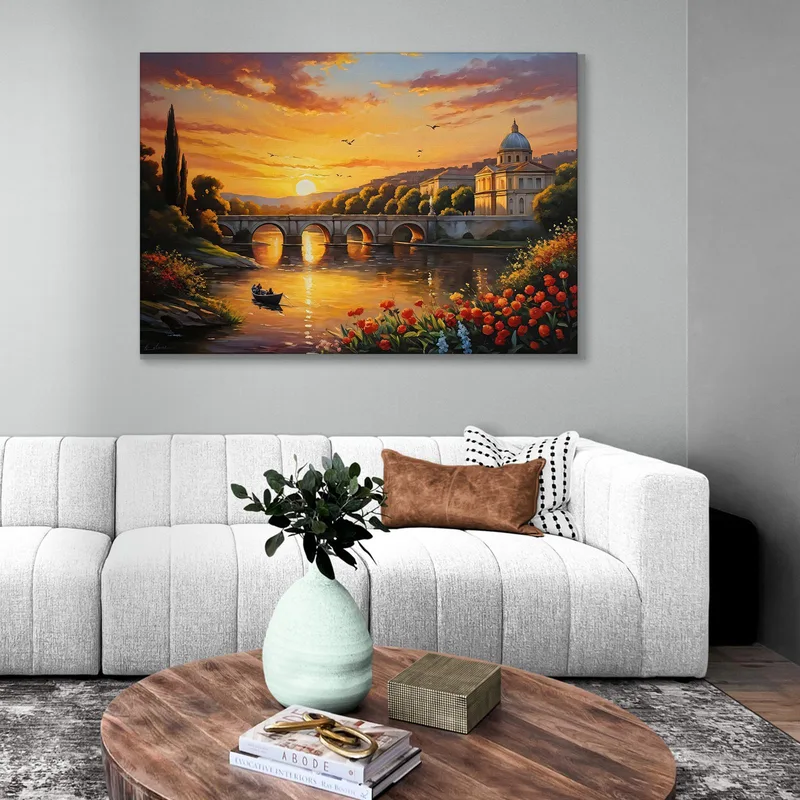 Quadro Moderno Città Astratto Barca Sul Fiume Al Tramonto Con Vista Su Un Ponte A Roma