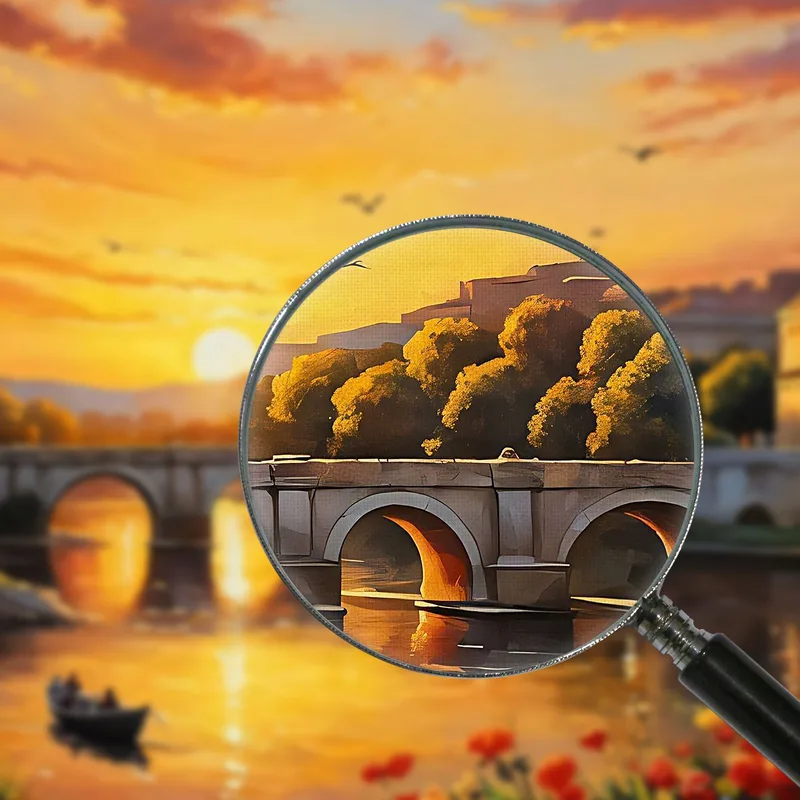 Quadro Moderno Città Astratto Barca Sul Fiume Al Tramonto Con Vista Su Un Ponte A Roma