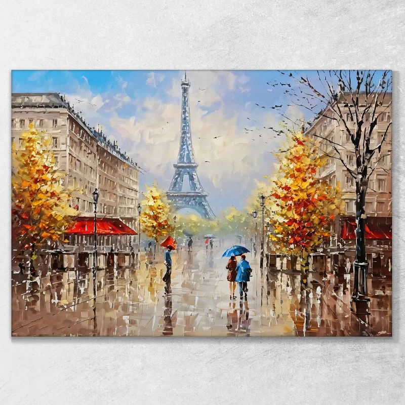Quadro Moderno Città Astratto Coppia Con Ombrello Passeggia A Parigi Con Vista Sulla Torre Eiffel