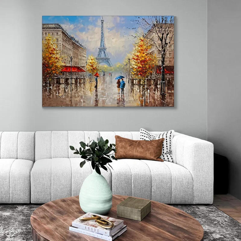 Quadro Moderno Città Astratto Coppia Con Ombrello Passeggia A Parigi Con Vista Sulla Torre Eiffel