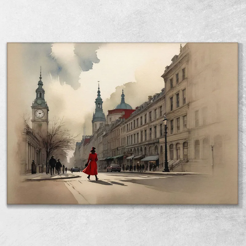 Pintura Moderna Ciudad Abstracta Mujer Con Abrigo Rojo Explora Una Ciudad Histórica