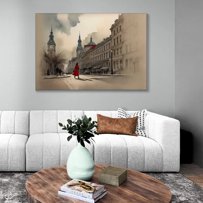 Pintura Moderna Ciudad Abstracta Mujer Con Abrigo Rojo Explora Una Ciudad Histórica