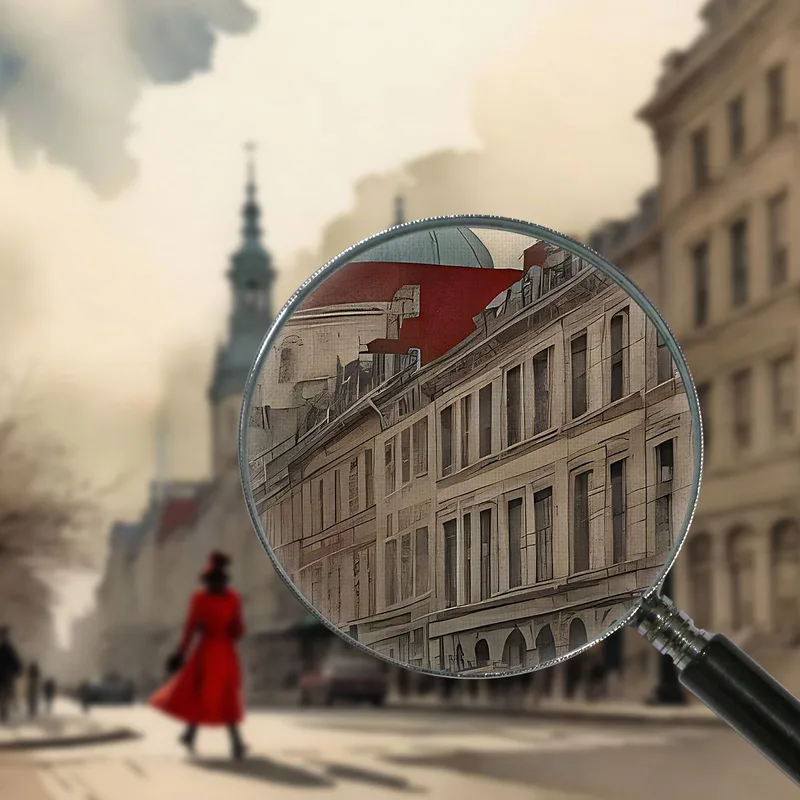Pintura Moderna Ciudad Abstracta Mujer Con Abrigo Rojo Explora Una Ciudad Histórica