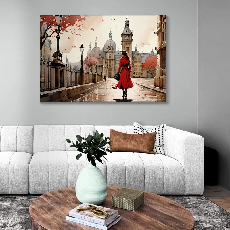Moderne Malerei Abstrakte Stadtfrau Im Roten Mantel In Einer Herbststadt