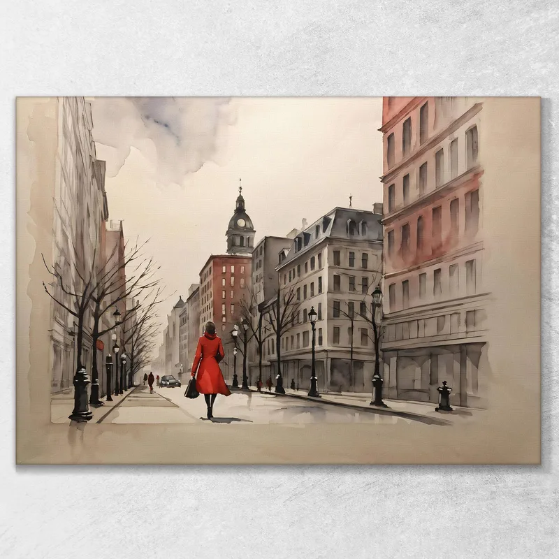 Pintura Moderna Ciudad Abstracta Mujer Con Abrigo Rojo En La Avenida De La Ciudad De Invierno