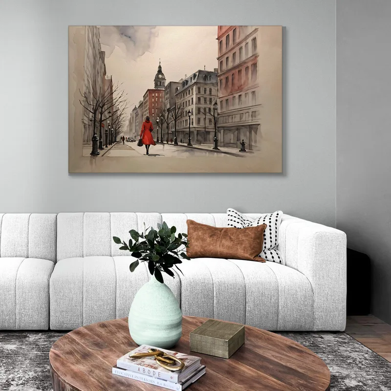 Pintura Moderna Ciudad Abstracta Mujer Con Abrigo Rojo En La Avenida De La Ciudad De Invierno