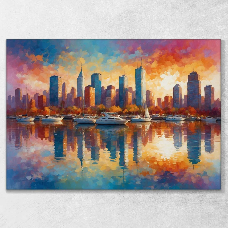 Modern Framework Abstract City Skyscrapers And Sailboats At Sunset In An Abstract City