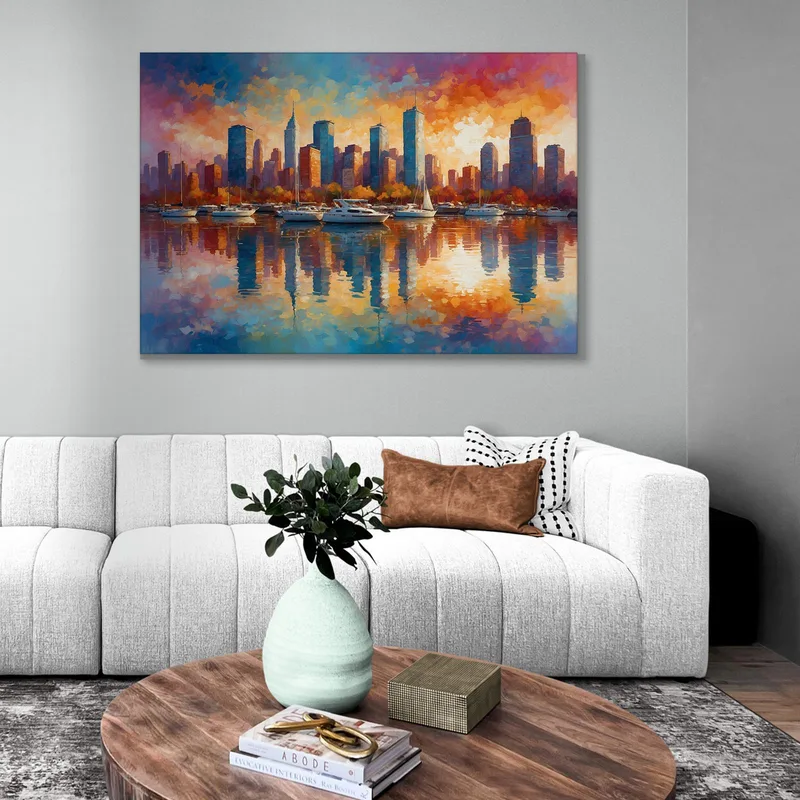 Modern Framework Abstract City Skyscrapers And Sailboats At Sunset In An Abstract City