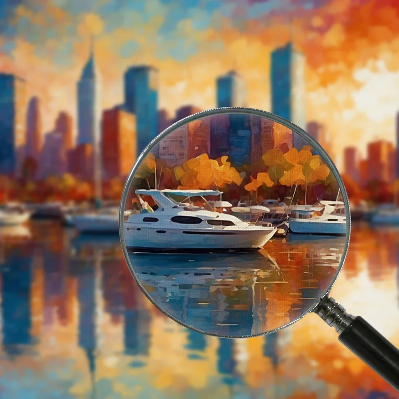 Modern Framework Abstract City Skyscrapers And Sailboats At Sunset In An Abstract City