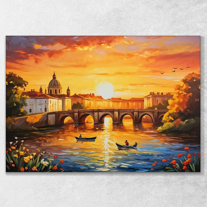 Quadro Moderno Città Astratto Incantevole Tramonto Cittadino Su Fiume Con Barca E Ponte Antico